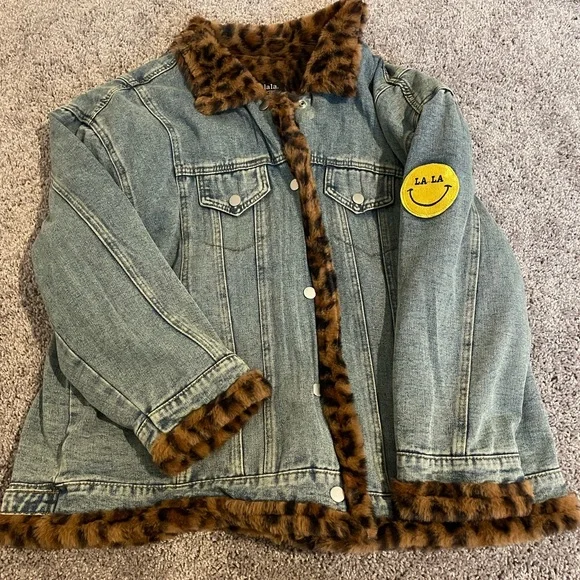 Dressed in LALA Blue Jean Jacket with Leopard Trim - Picture 1 of 4